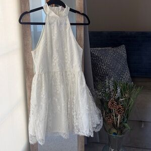 Boohoo White Lace High Neck Skater Dress